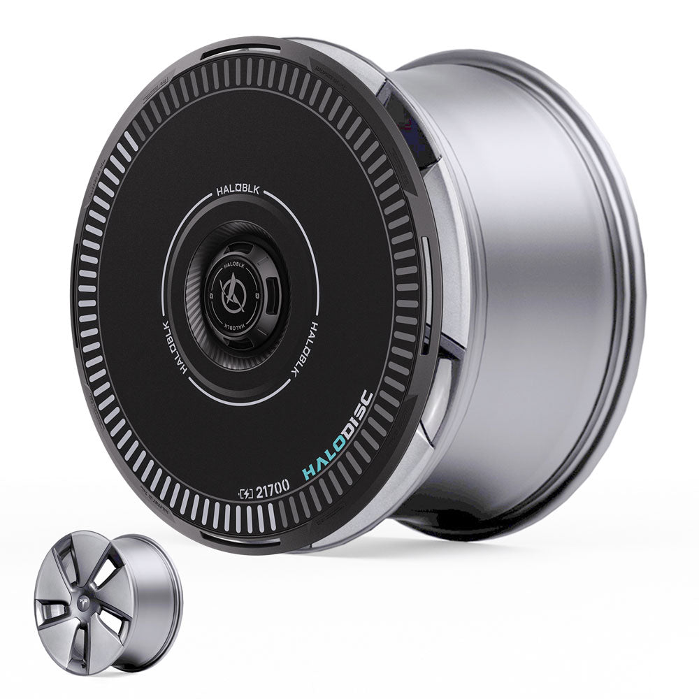 The HALODISC 2 Wheel Covers by HALOBLK Store for Tesla Model 3 (2017-2023) fit 18" Aero wheels, featuring a sleek metallic design and a black center cap labeled HALODISC. A smaller image below compares it to a traditional wheel.