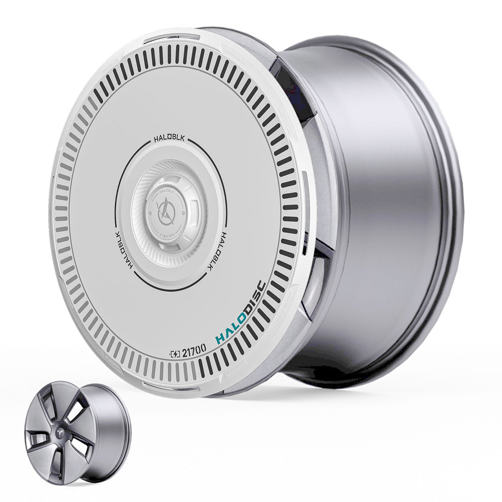 A silver, futuristic wheel cover for Tesla Model 3 (2017-2023) 18" Aero Wheels from HALOBLK Store, featuring a white vented hubcap labeled HALODISC 2; a smaller version is shown in the bottom left for comparison.