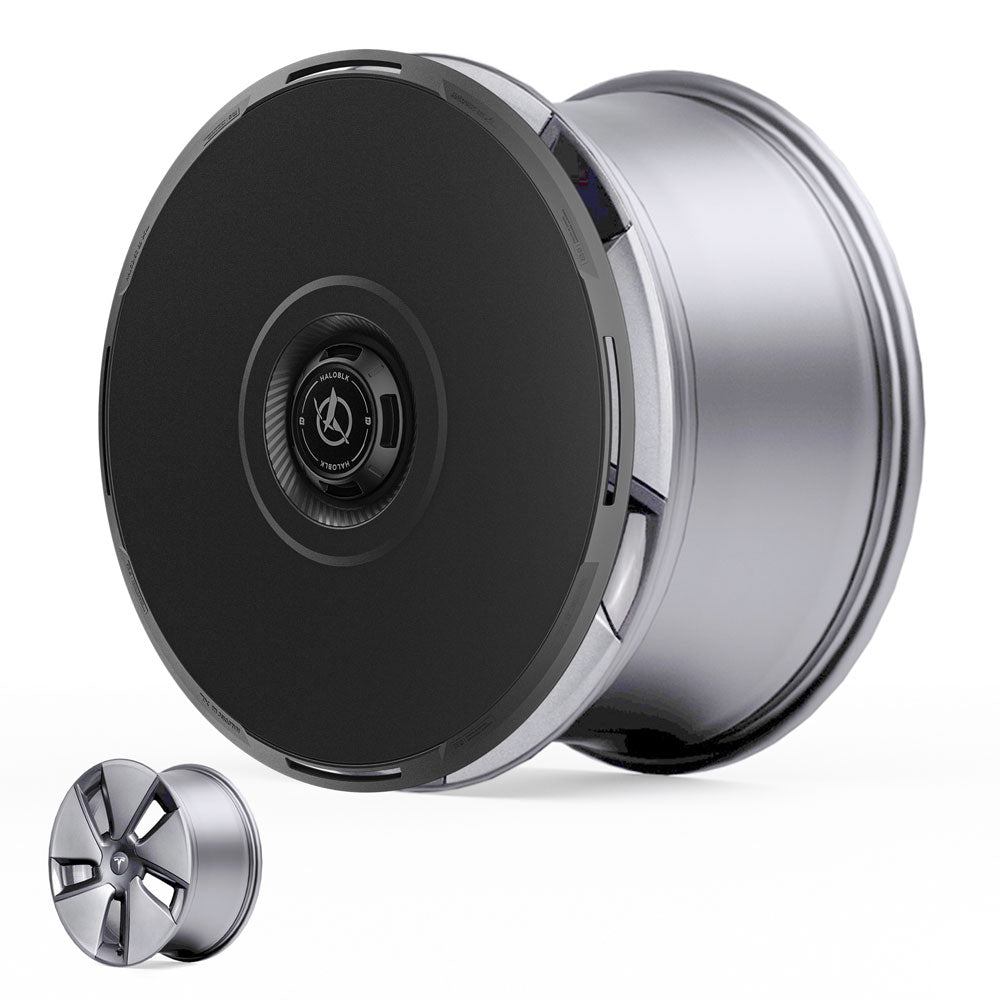 The HALODISC 2 Wheel Covers for Tesla Model 3 2017-2023 (18" Aero Wheels, by HALOBLK Store) feature a large, modern, mostly solid black design, shown alongside a traditional five-spoke rim for comparison.