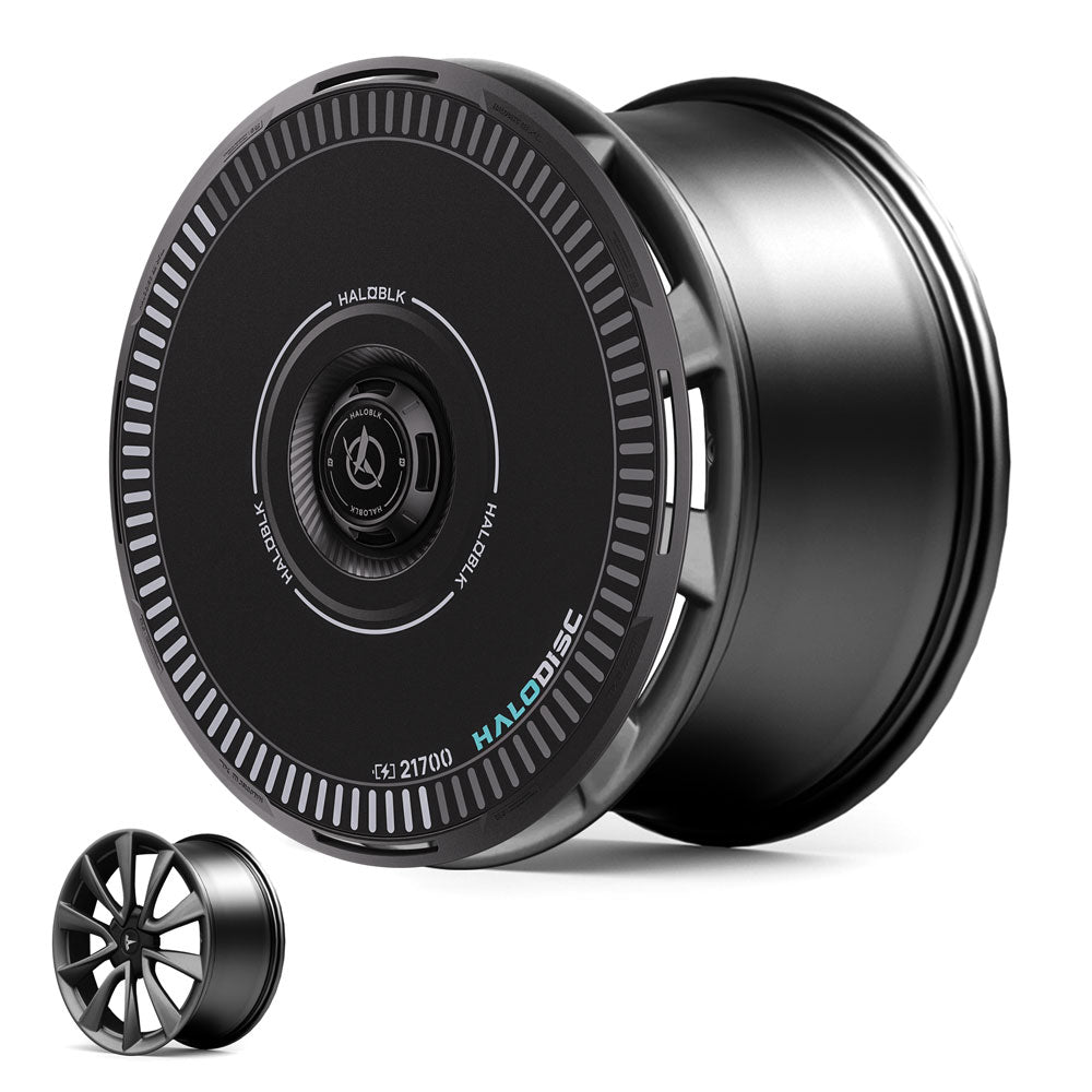 The HALODISC 2 Wheel Covers for Tesla Model 3 2018-2023 19" Stiletto Wheels from HALOBLK Store are shown with a removable disc cover and a smaller image displays the uncovered, multi-spoke black rim design.