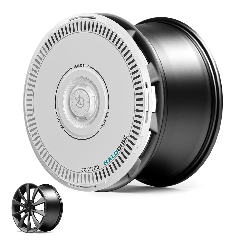A large black and silver Tesla Model 3 19" Stiletto wheel with a HALODISC 2 Wheel Cover from HALOBLK Store partially covering it sits beside a smaller version without the cover. Both have a modern, sleek design. For 2018-2023 models.