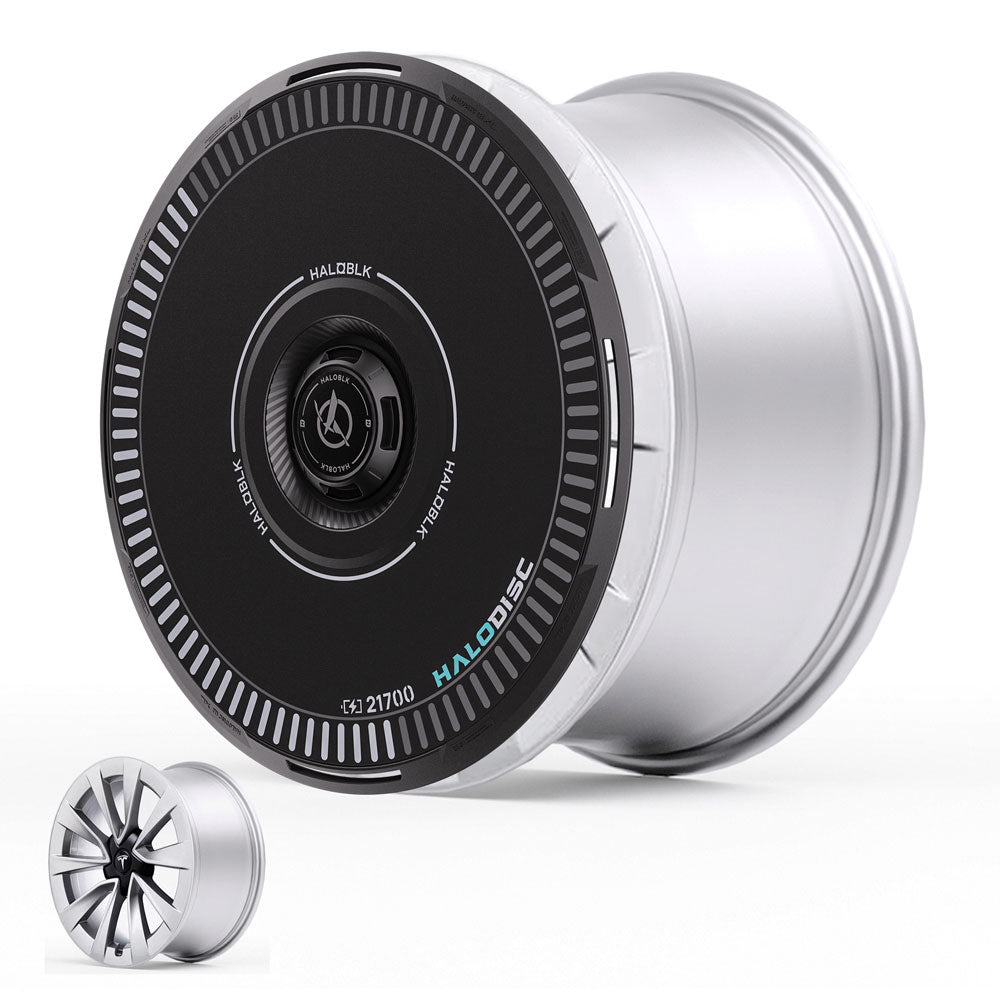 A close-up of HALODISC 2 Wheel Covers for Tesla Model 3 2019-2023 19" Sport Wheels by HALOBLK Store, featuring a sleek silver and black design with the central hub marked HALODISC. A smaller version appears in the corner.