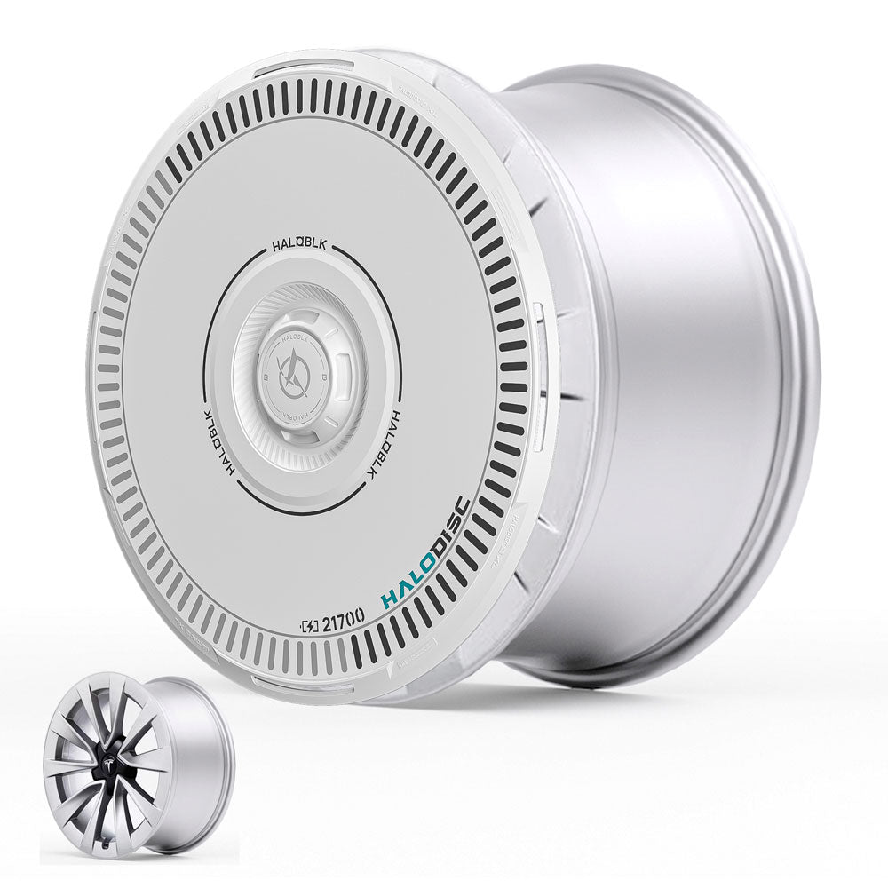 The HALODISC 2 Wheel Covers by HALOBLK Store for Tesla Model 3 (2019-2023) 19" Sport Wheels feature a silver, cylindrical design with a white, circular center displaying text. A smaller, multi-spoke rim is shown for comparison.