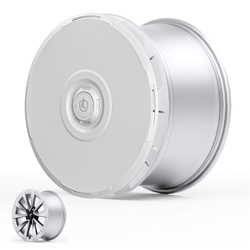 The HALODISC 2 Wheel Covers from HALOBLK Store for Tesla Model 3 2019-2023 19" sport wheels feature a sleek metallic silver cover; a smaller inset image shows the rim's exposed multi-spoke design.