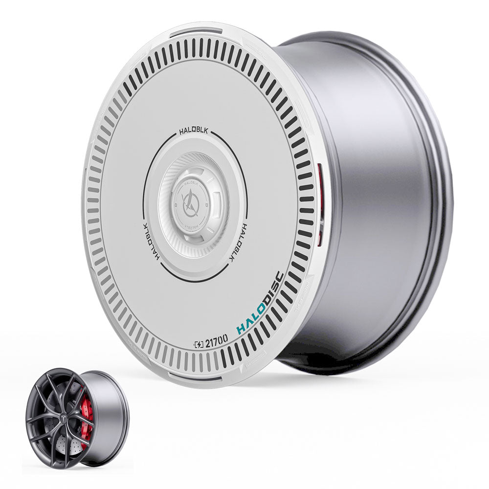 A close-up of HALOBLK Store’s HALODISC 2 Wheel Covers for Tesla Model 3 2019-2023 19" Zero-G Wheels, featuring a silver and white circular, minimalistic design with a smaller standard rim shown for size comparison.