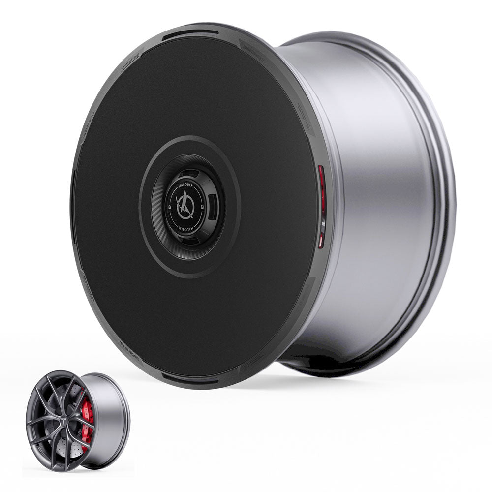 The HALODISC 2 Wheel Cover by HALOBLK Store fits Tesla Model 3 2019-2023 19" Zero-G wheels, featuring a solid black aerodynamic cover that hides the spokes, with an inset image showing the intricate spoke design beneath the transparent cover.