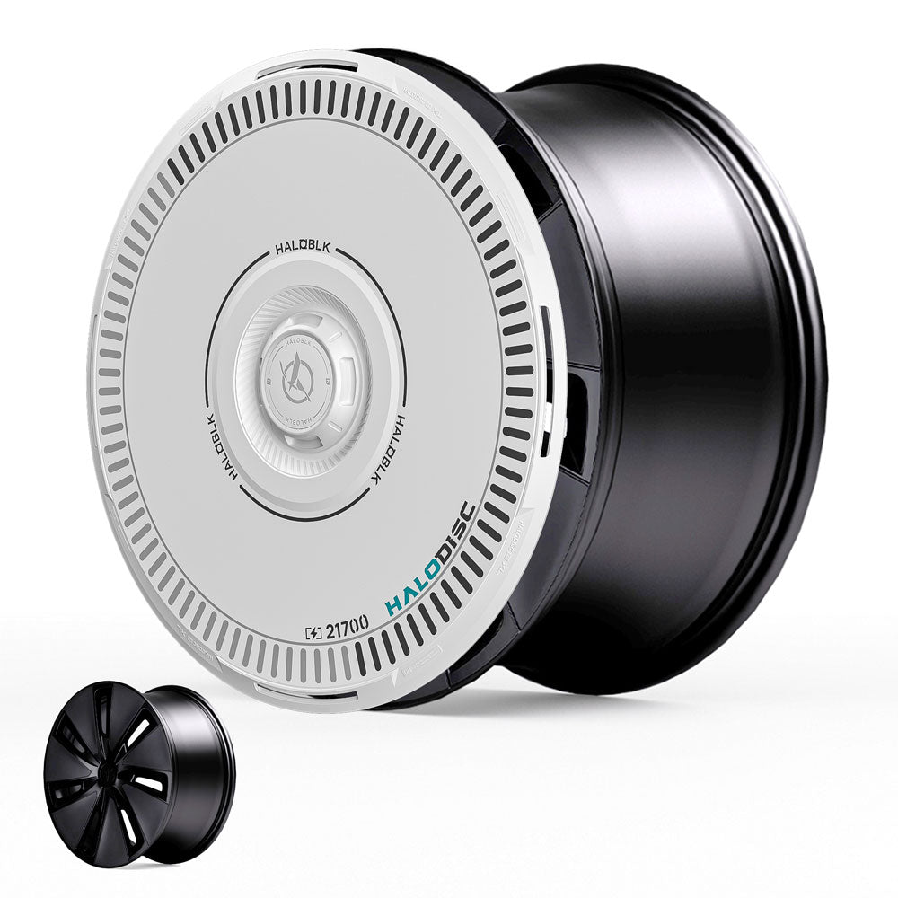 The image displays HALODISC 2 Wheel Covers for Tesla Model 3 Highland 18" Photon Wheels by HALOBLK Store, featuring a modern, sleek cylindrical design, with a close-up of the front and a smaller side view on the left.