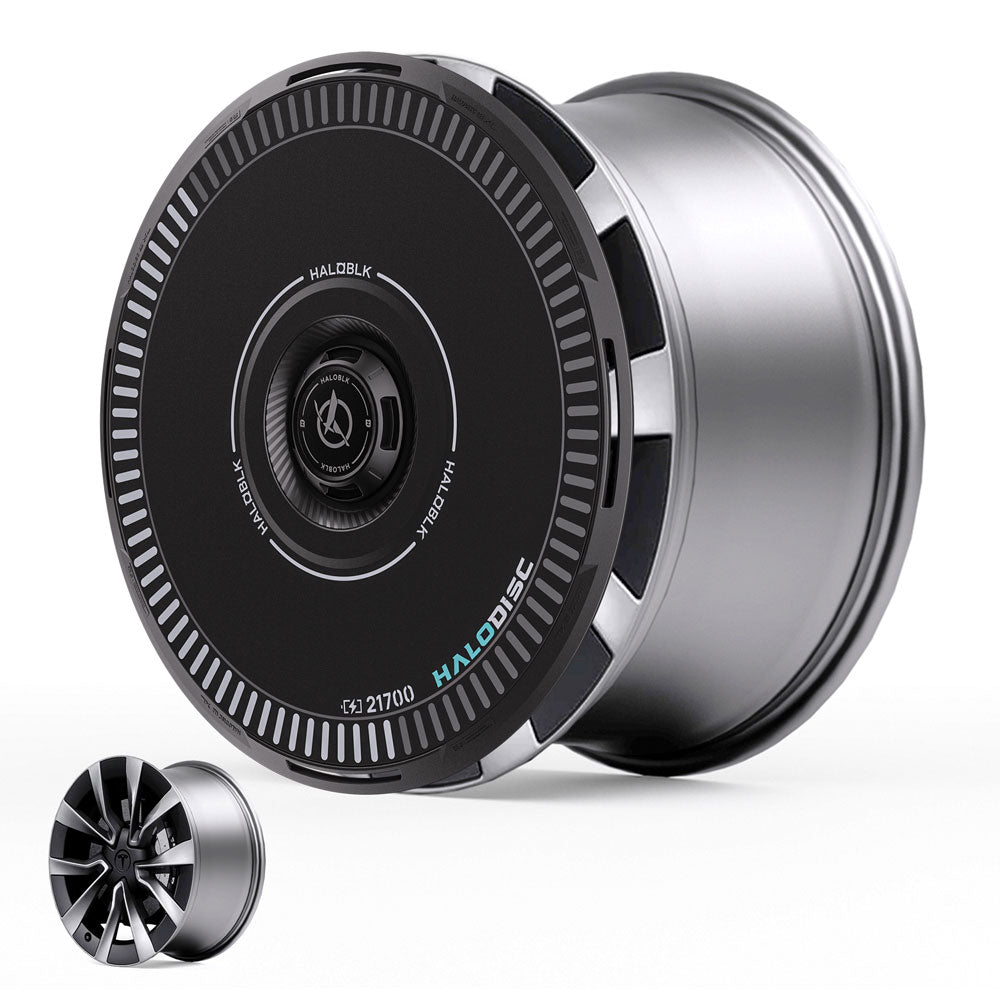 A sleek, cylindrical metallic object with a black, disc-like end labeled HALODISC and 21700, featuring grooves and a central detail; a smaller side view appears in the corner. Product: HALODISC 2 Wheel Covers for Tesla Model 3 Highland 19" by HALOBLK Store.