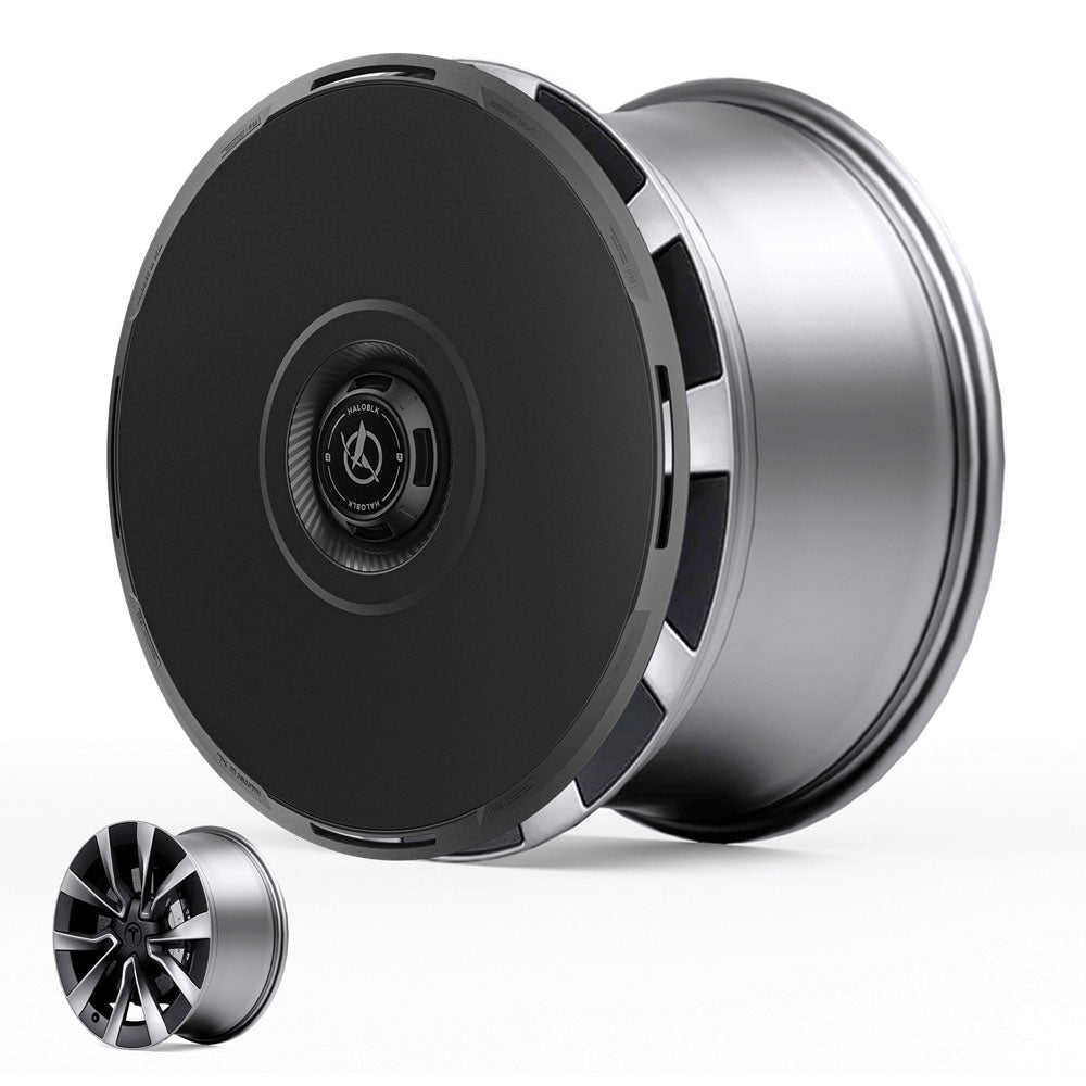 The HALODISC 2 Wheel Covers for Tesla Model 3 Highland 19" Nova Wheels by HALOBLK Store feature a smooth, matte black detachable cover that conceals the spokes; an inset shows the rim’s black and silver spokes without the cover.