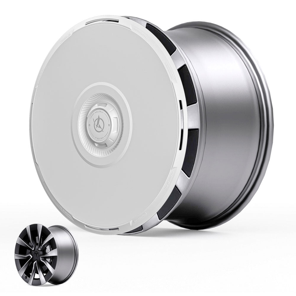 The HALODISC 2 Wheel Covers for Tesla Model 3 Highland 19" Nova Wheels by HALOBLK Store feature a matte silver rim with a smooth white aerodynamic cover hiding the spokes, plus a smaller image showing exposed black spokes with silver accents.