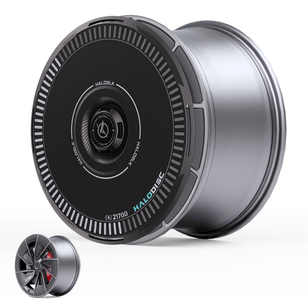 A close-up of HALODISC 2 Wheel Covers for Tesla Model 3 Highland 20" Warp Wheels by HALOBLK Store, featuring a modern circular design. A corner image displays a wheel with a red accent for Charging.