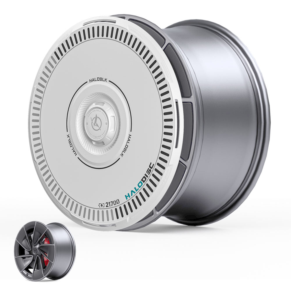 A large, metallic, cylindrical Tesla Model 3 Highland 20" Warp wheel fitted with a modern, white HALODISC 2 Wheel Cover by HALOBLK Store featuring concentric markings and text. An inset shows the wheel from another angle.