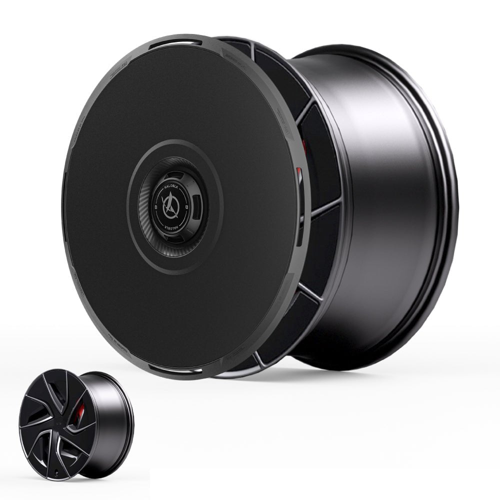 Two HALODISC 2 Wheel Covers for Tesla Model S 19" Magnetite Wheels by HALOBLK Store are shown: one has a smooth, disc-like face with grooves, the other a star-shaped spoke design. Both are metallic, black, and sleek in appearance.