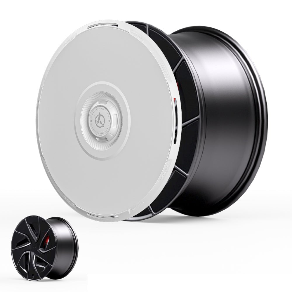 HALODISC 2 Wheel Covers for Tesla Model S 19" Magnetite Wheels by HALOBLK Store are shown in sleek black and silver, with a smaller image of the cover in a black and red pattern displayed on a white background.