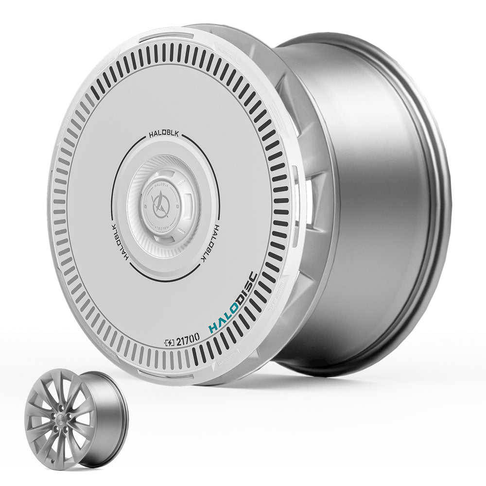 The HALODISC 2 Wheel Covers from HALOBLK Store feature a metallic, futuristic design with a white cover marked "HALOBLK" and "HALO DISC," shown on Tesla Model S 19" Slipstream wheels beside an uncovered alloy wheel for comparison.