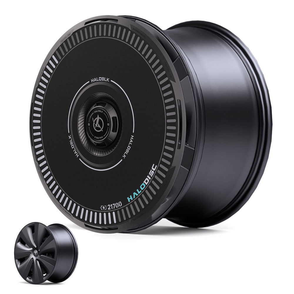 A black, cylindrical HALODISC 2 wheel cover by HALOBLK Store for Tesla Model S 19" Tempest Wheels is shown upright, with a smaller side view displayed in the bottom left corner.