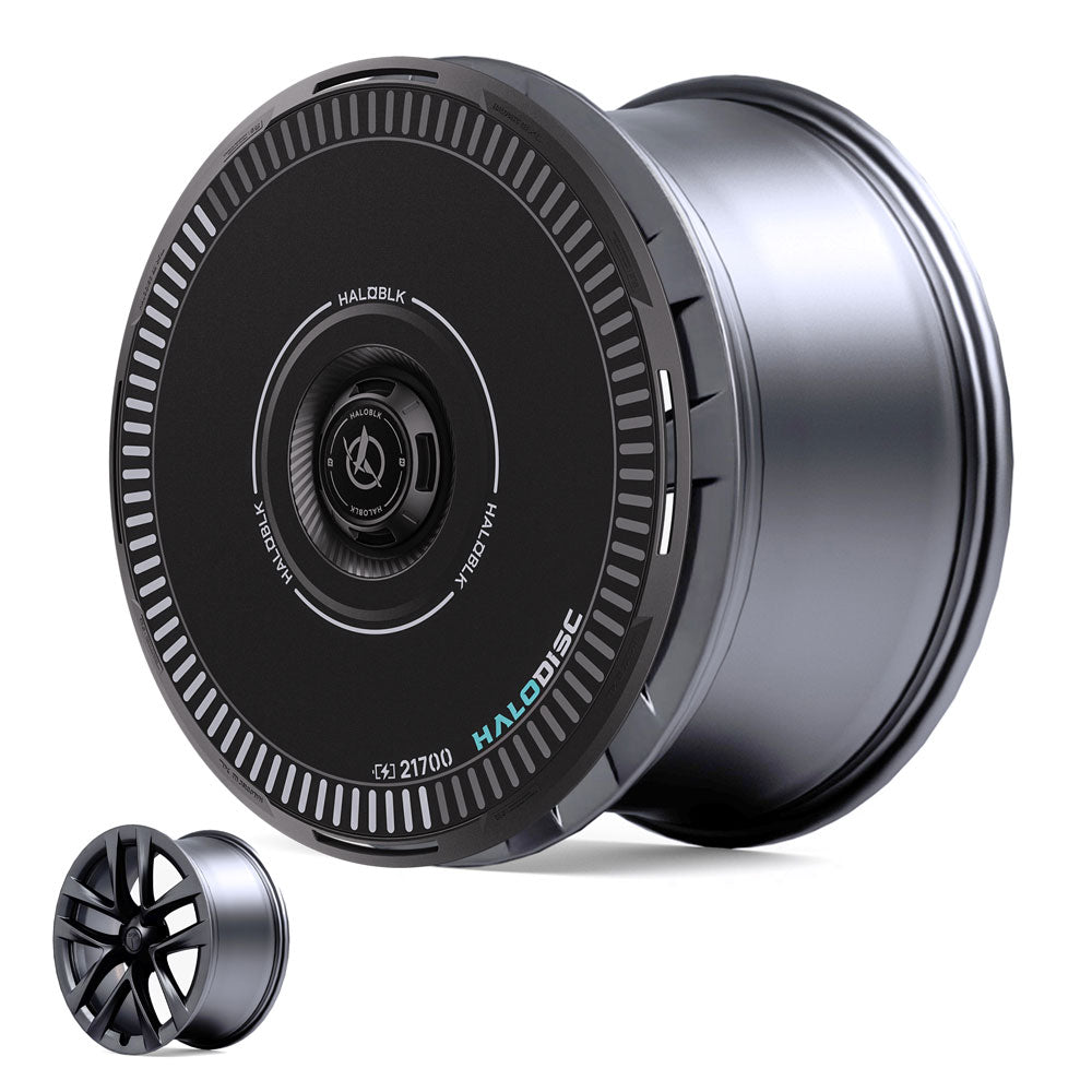 A close-up of HALODISC 2 Wheel Covers by HALOBLK Store on Tesla Model S 21" Arachnid Wheels, showing their futuristic, disc-like design; a smaller corner image compares them to a traditional rim.