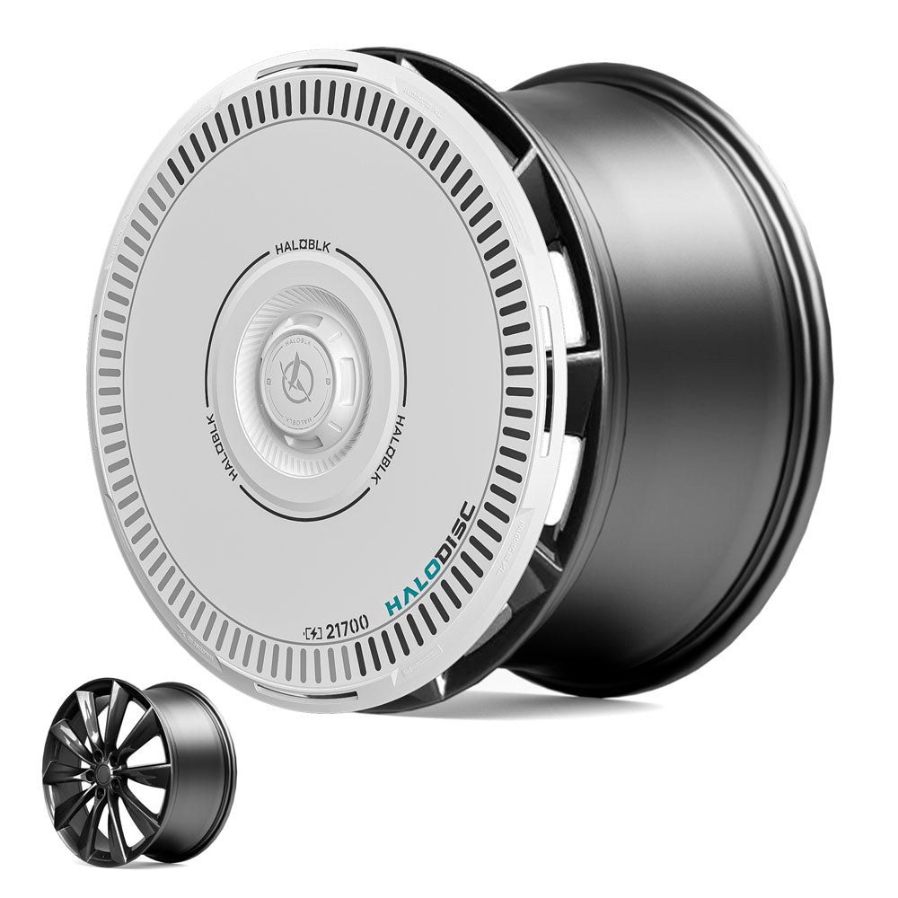The HALODISC 2 Wheel Covers by HALOBLK Store for Tesla Model S 21" Turbine Wheels features a black rim with a white disc cover marked with fine black details, shown together with an image of the rim without the disc.