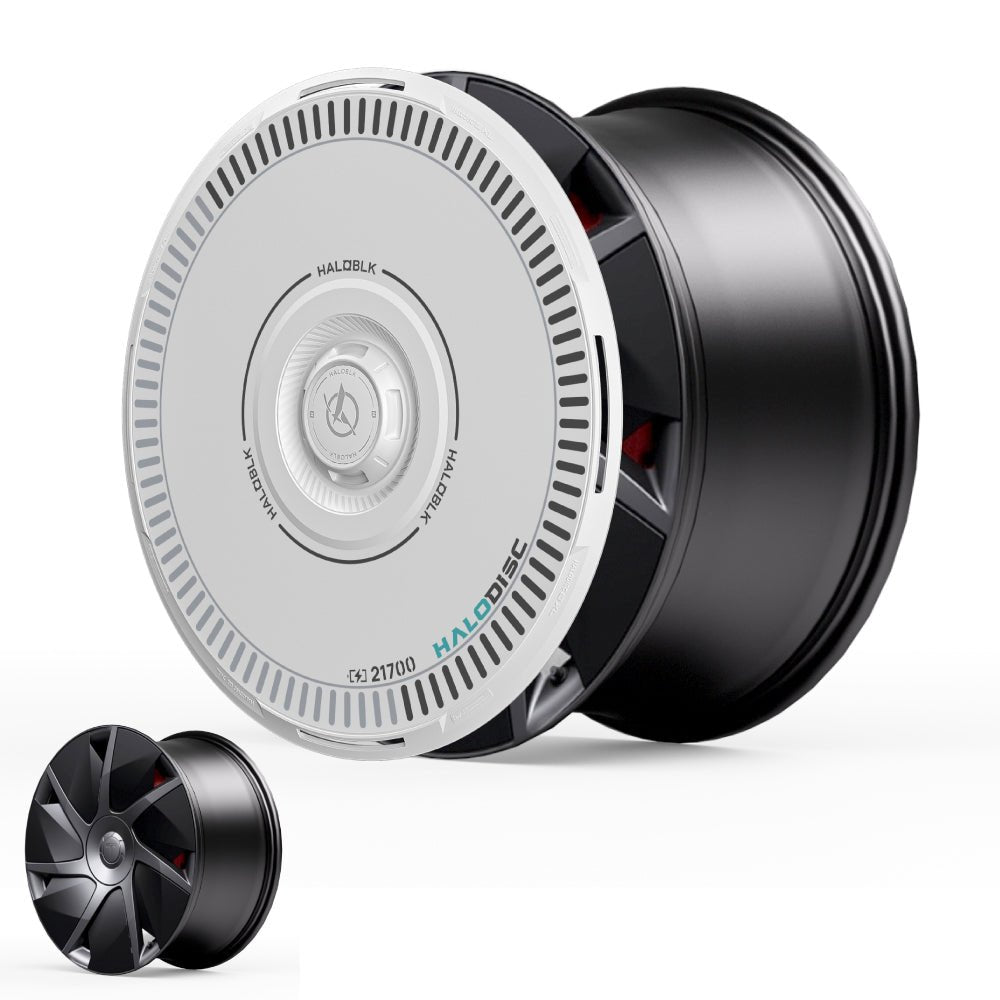 The HALODISC 2 Wheel Covers from HALOBLK Store feature a modern, black rim for Tesla Model S 21" Velarium Wheels, with a detachable white disc labeled HALODISC and futuristic design. Inset shows rim without disc, revealing red accents.