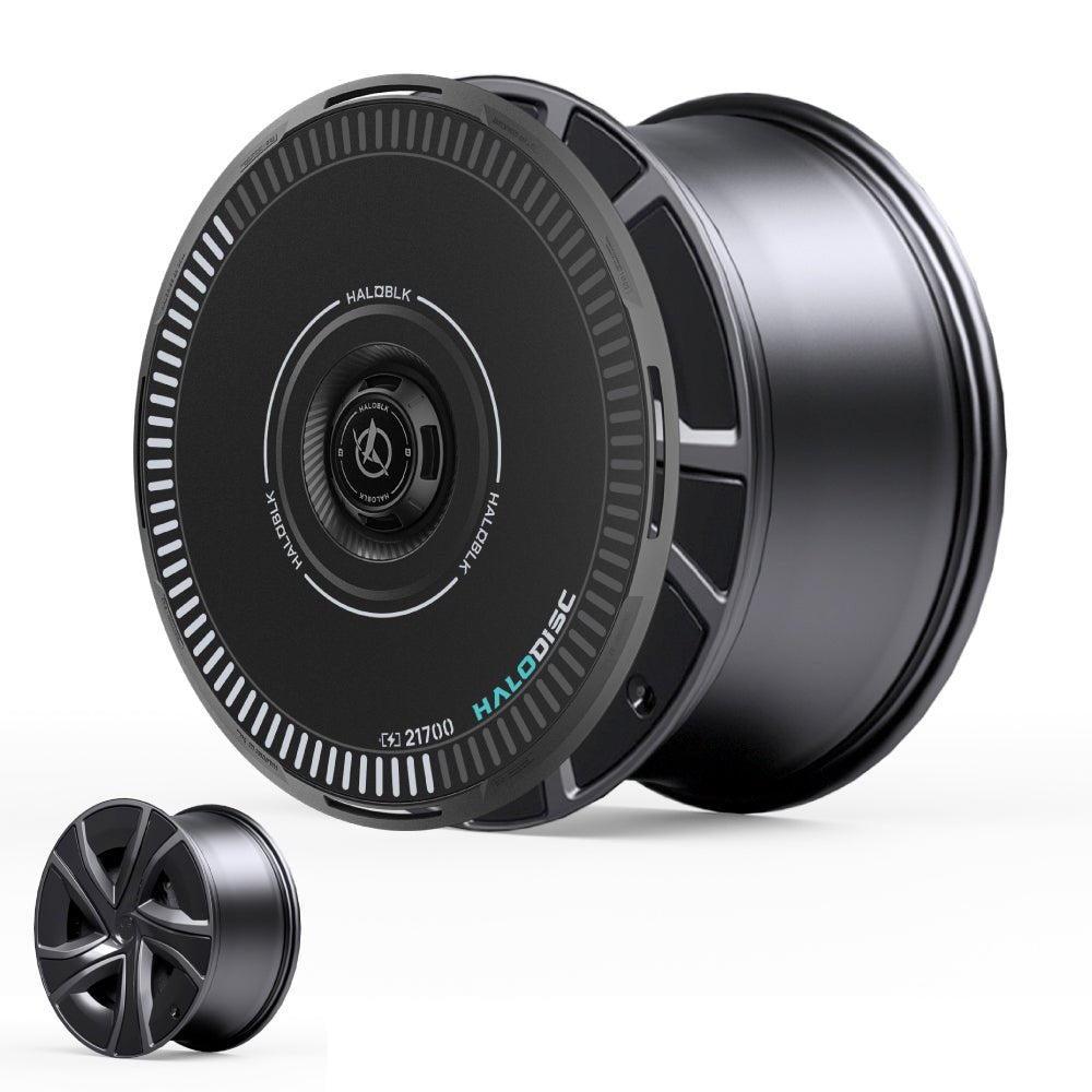 Two black, modern HALODISC 2 Wheel Covers by HALOBLK for Tesla Model X 2021-2025 20" Perihelix Wheels; one in close-up to highlight detailed text and patterns, the other shown smaller to display its full shape and profile.