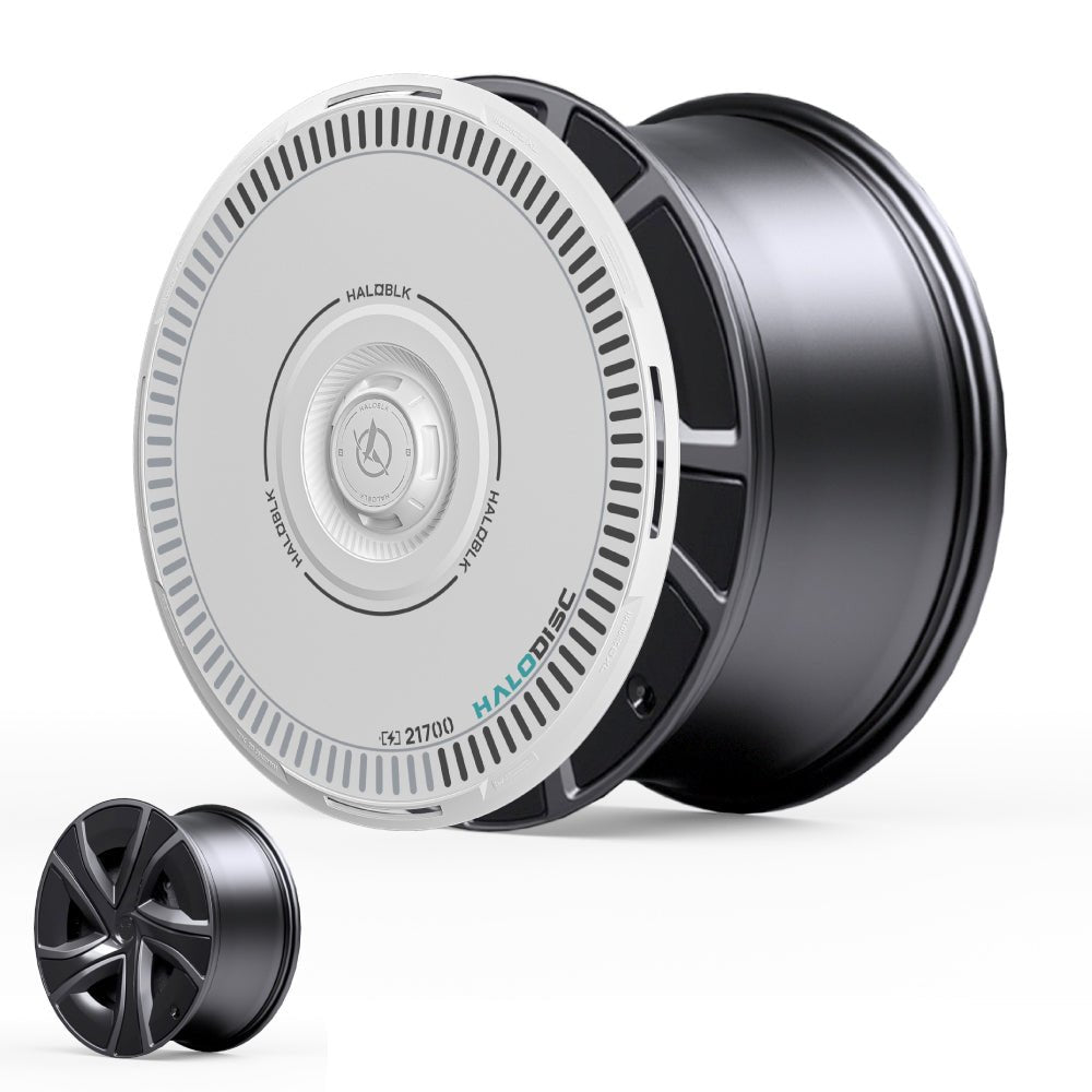 The image shows HALODISC 2 Wheel Covers for Tesla Model X 2021-2025 20" Perihelix Wheels by HALOBLK Store: a black rim with a white, modern-patterned disc labeled HALODISC. A smaller plain black rim appears in the lower left.