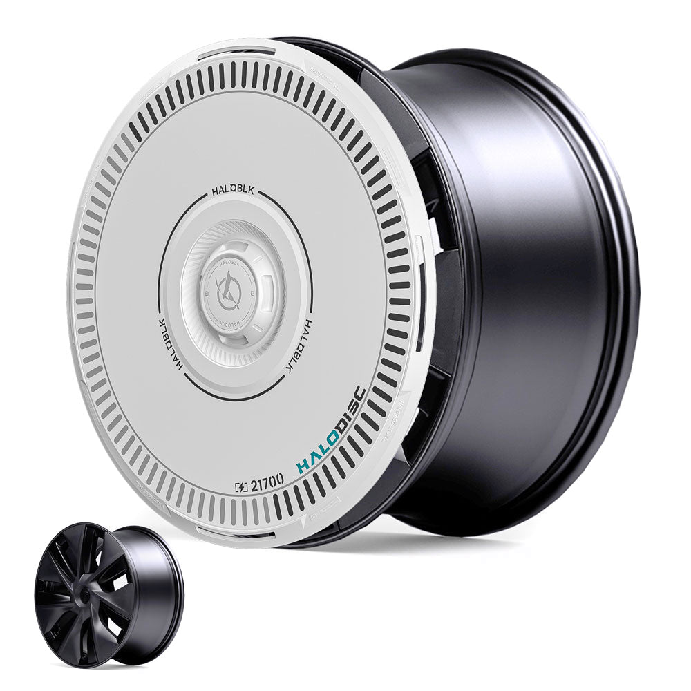 A sleek black-and-white HALODISC 2 wheel cover for Tesla Model Y 19" Gemini wheels by HALOBLK Store features a circular, ventilated white disc. A smaller image compares the wheel with and without the cover to show the design difference.