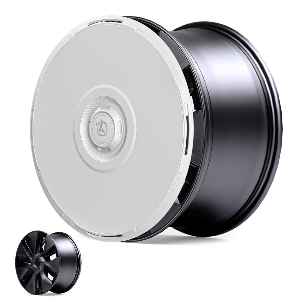 HALODISC 2 Wheel Covers for Tesla Model Y 19" Gemini Wheels by HALOBLK Store are shown: a large, black rim with a white aerodynamic cover, plus a smaller image of the uncovered seven-spoke rim, both on a white background.