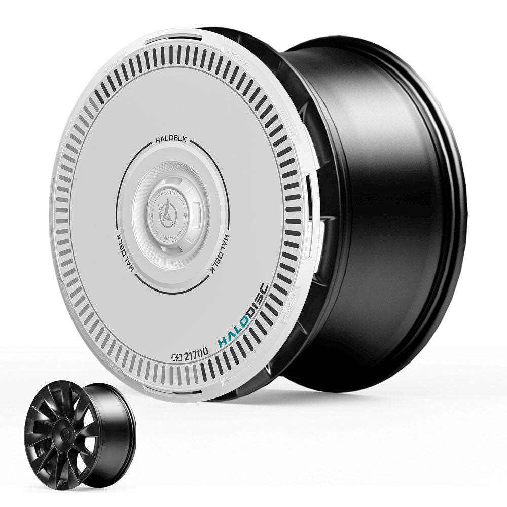 The image shows HALODISC 2 Wheel Covers for Tesla Model Y 20" Induction Wheels from HALOBLK Store—a large black and white cover with a detailed circular pattern beside a smaller, all-black version. Suitable for wheels and charging.