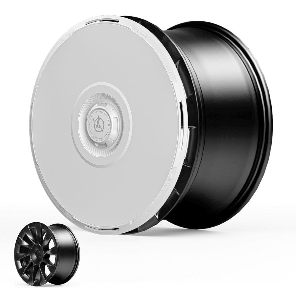 The HALODISC 2 Wheel Covers for Tesla Model Y 20" Induction Wheels by HALOBLK Store are shown: a large, black rim with a white aerodynamic cover next to a smaller, bare black rim, highlighting the cover’s difference.