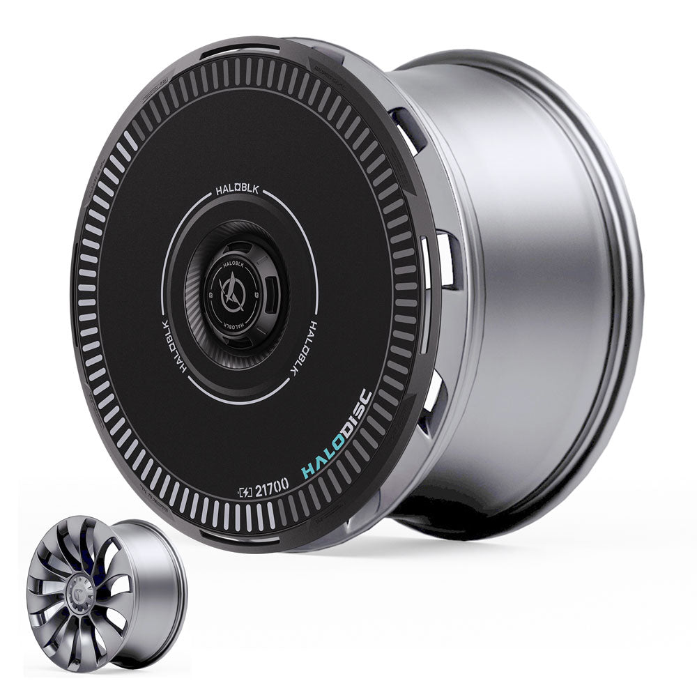 The HALOBLK Store's HALODISC 2 Wheel Covers for Tesla Model Y 21" Überturbine Wheels feature a metallic cylindrical design with intricate circular patterns and vent-like structures, shown both front-on and at an angle to highlight their details.