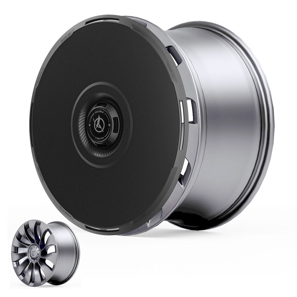 Close-up of HALODISC 2 Wheel Cover (HALOBLK Store) on a Tesla Model Y 21" Überturbine wheel, featuring its silver rim and solid black cover; inset shows the multi-spoke wheel design without the cover.