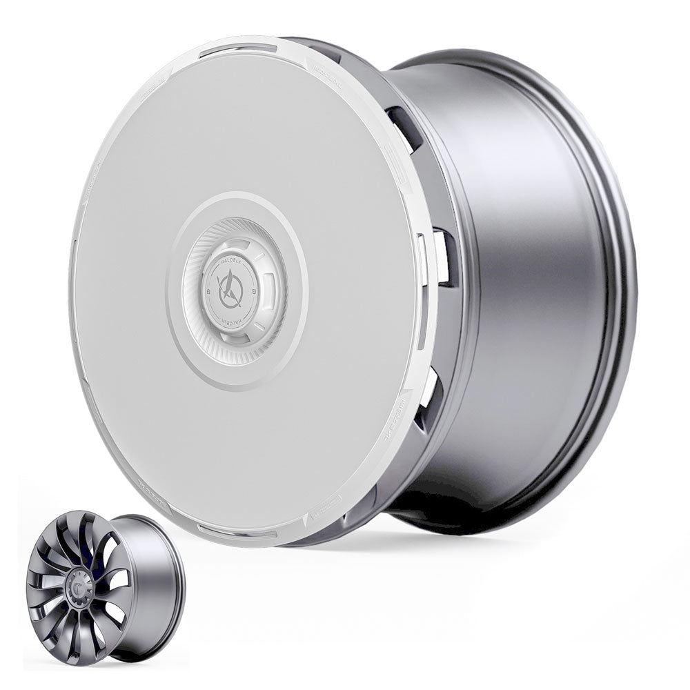 The HALODISC 2 Wheel Covers for Tesla Model Y 21" Überturbine Wheels by HALOBLK Store are shown in matte silver with a sleek aerodynamic cover. An inset reveals the uncovered multi-spoke rim, both displayed on a white background.