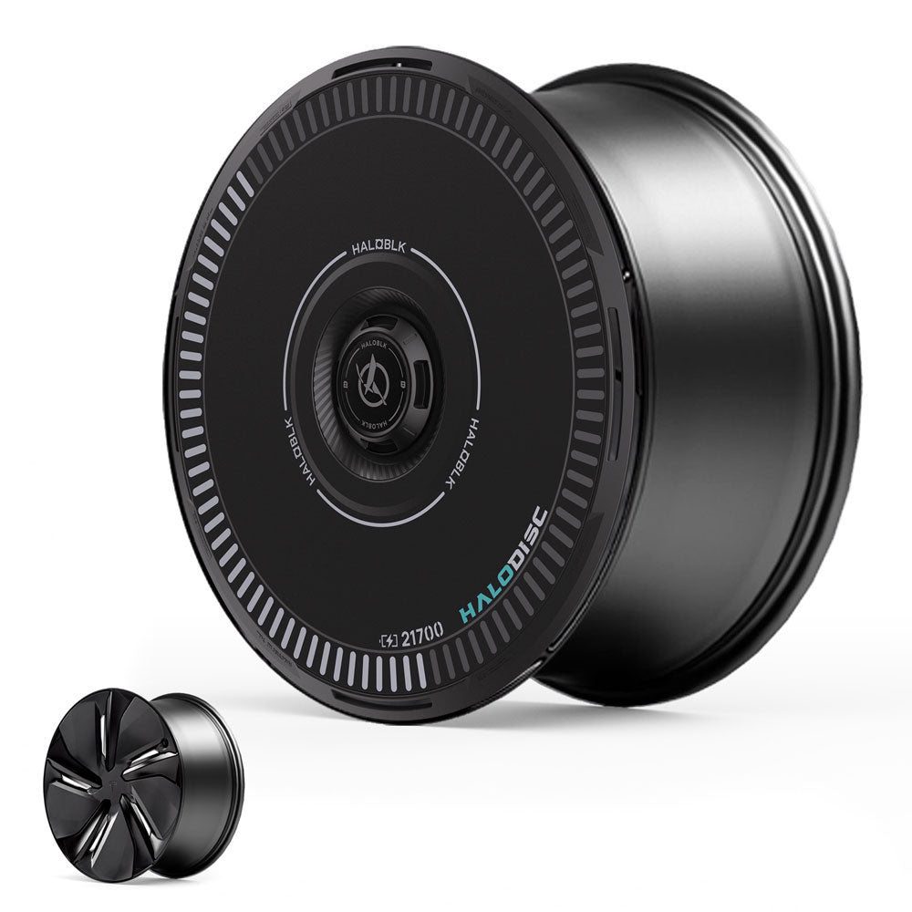 The HALOBLK Store’s HALODISC 2 Wheel Covers for Tesla Model Y Juniper 19" Crossflow Wheels feature a sleek, black, aerodynamic design with HALOBLK and HALODISC branding, shown from multiple angles to highlight their smooth, modern look.