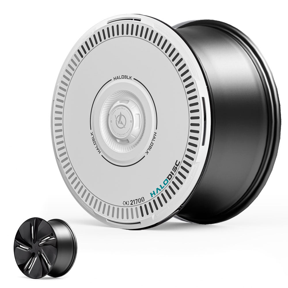 The HALODISC 2 Wheel Covers by HALOBLK Store feature a large, modern black and white design with “HALO DISC” on the face, shown beside a smaller black and silver cover for Tesla Model Y Juniper 19" Crossflow Wheels.