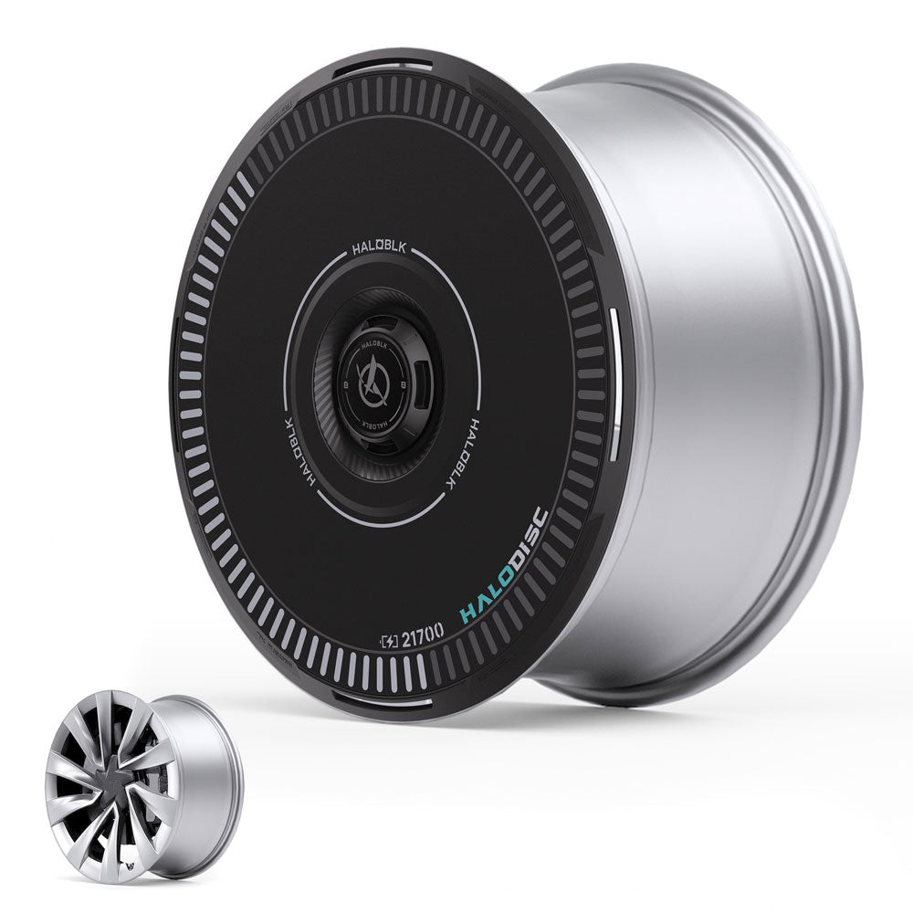 The HALOBLK Store’s HALODISC 2 Wheel Covers for Tesla Model Y Juniper 20" Helix 2.0 Wheels feature a black, disc-shaped design with white accents and branded hub, plus an inset showing an alternate multi-spoke style.