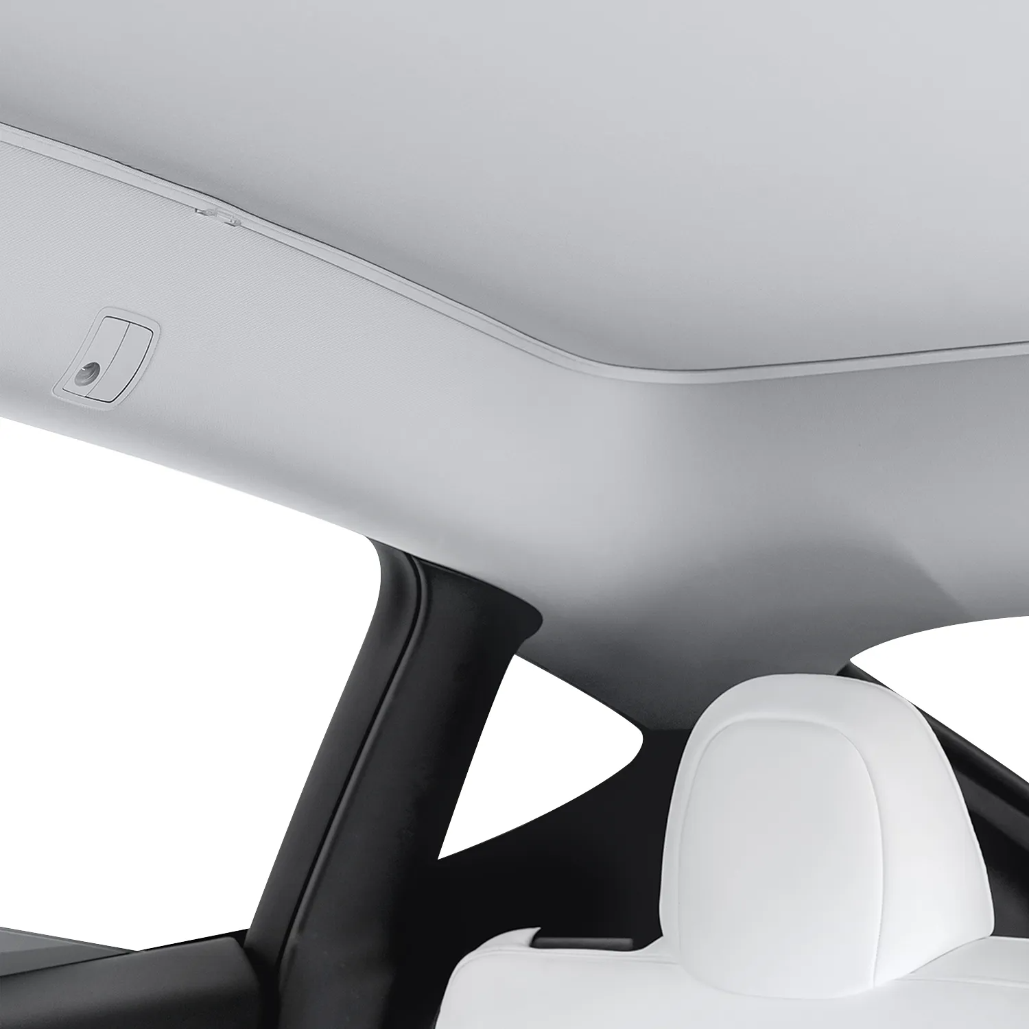 Interior view of a Tesla Model 3 with the Haloblk Roof Glass Sunshade from HALOBLK Store, featuring a white headrest, rear side window, and minimalistic light-colored roof liner.