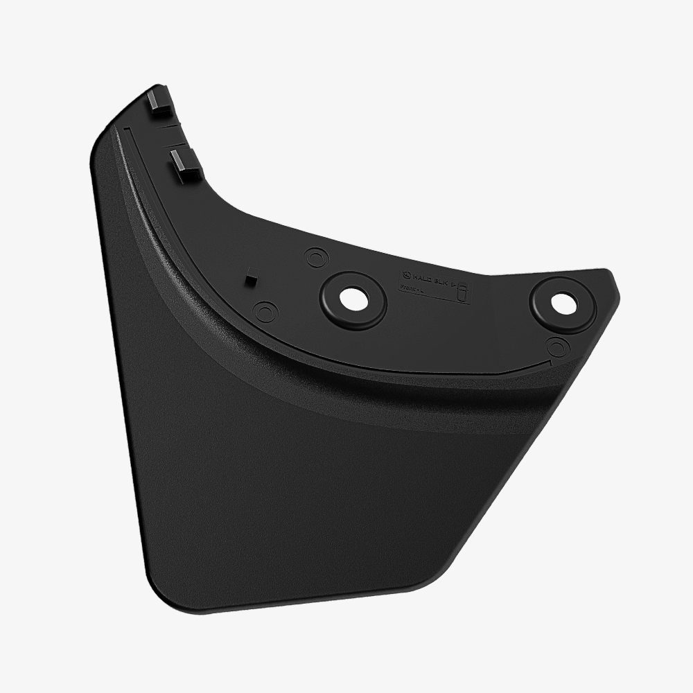 The HALOBLK Store Model Y Mud Flaps offer premium protection for your Tesla; shown is a black, triangular plastic flap with a curved edge, two mounting holes, and attachment clips against a plain white background.