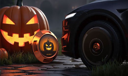 HALODISC Halloween Center Cap – limited edition matte black and orange Tesla wheel mod for festive seasonal upgrade