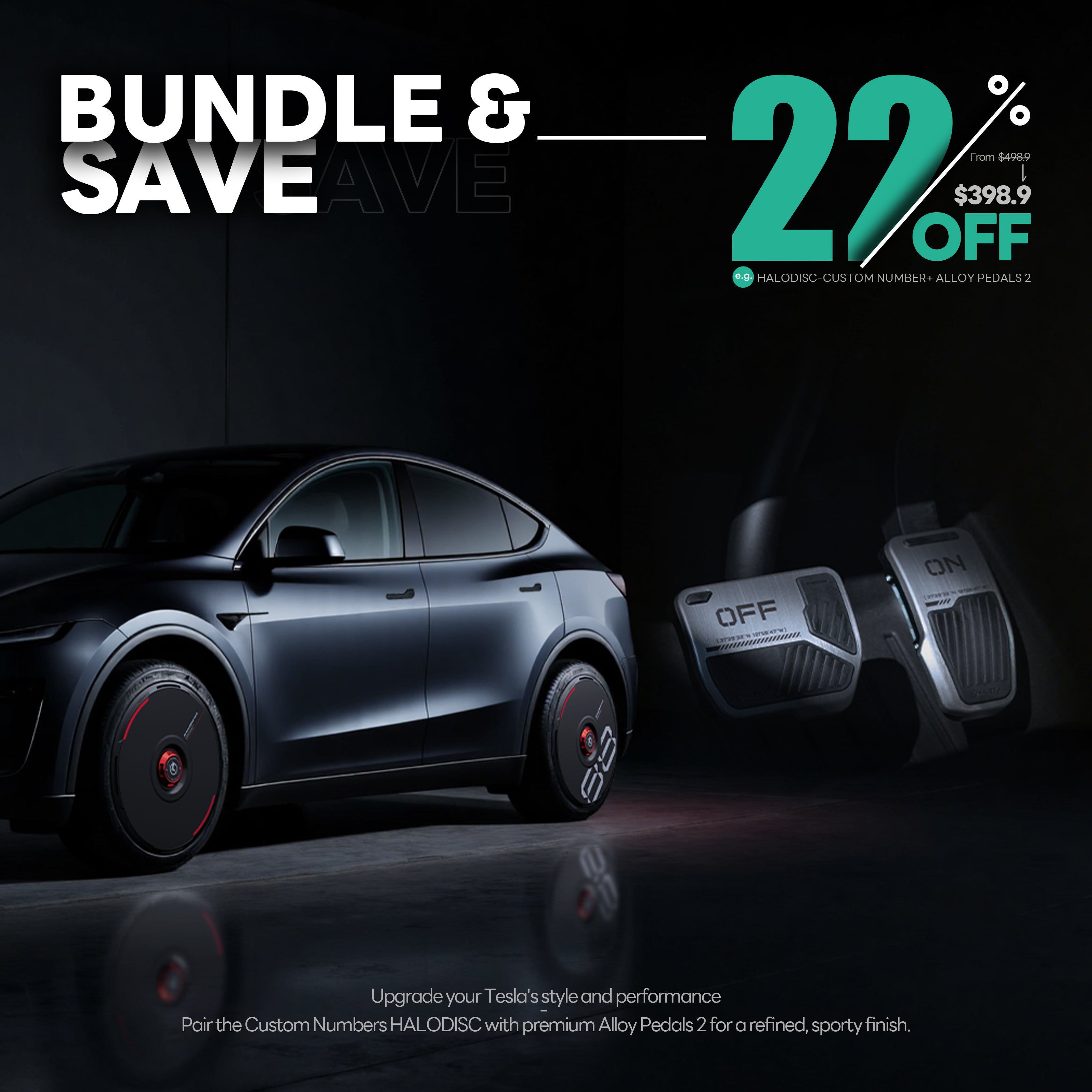 HALODISC 2 | Custom Numbers Wheel Covers (Black) + Alloy Pedals 2 for Tesla