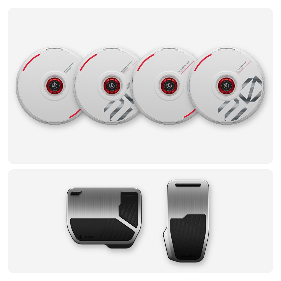 HALODISC 2 | Custom Numbers Wheel Covers (White) + Alloy Pedals 2 for Tesla