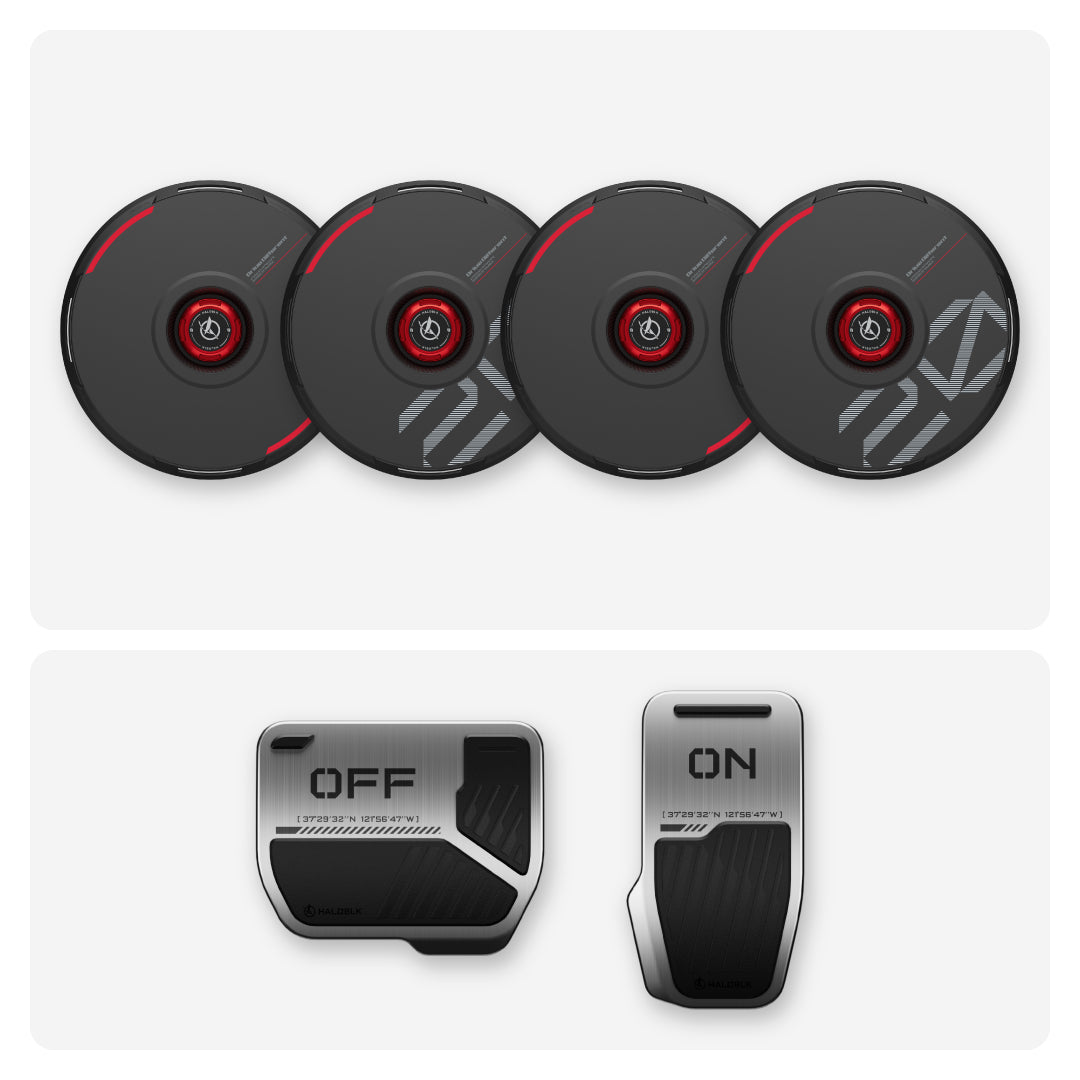 HALODISC 2 | Custom Numbers Wheel Covers (Black) + Alloy Pedals 2 for Tesla