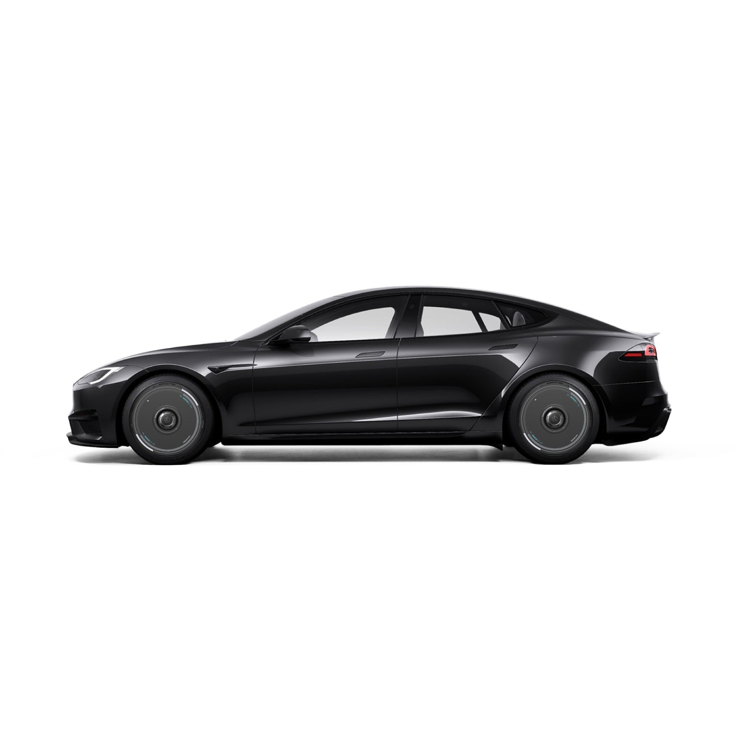 The HALODISC 2 Wheel Covers from HALOBLK Store are featured on a sleek, black Tesla sedan with tinted windows and modern, aerodynamic lines, shown in a side profile against a white backdrop.
