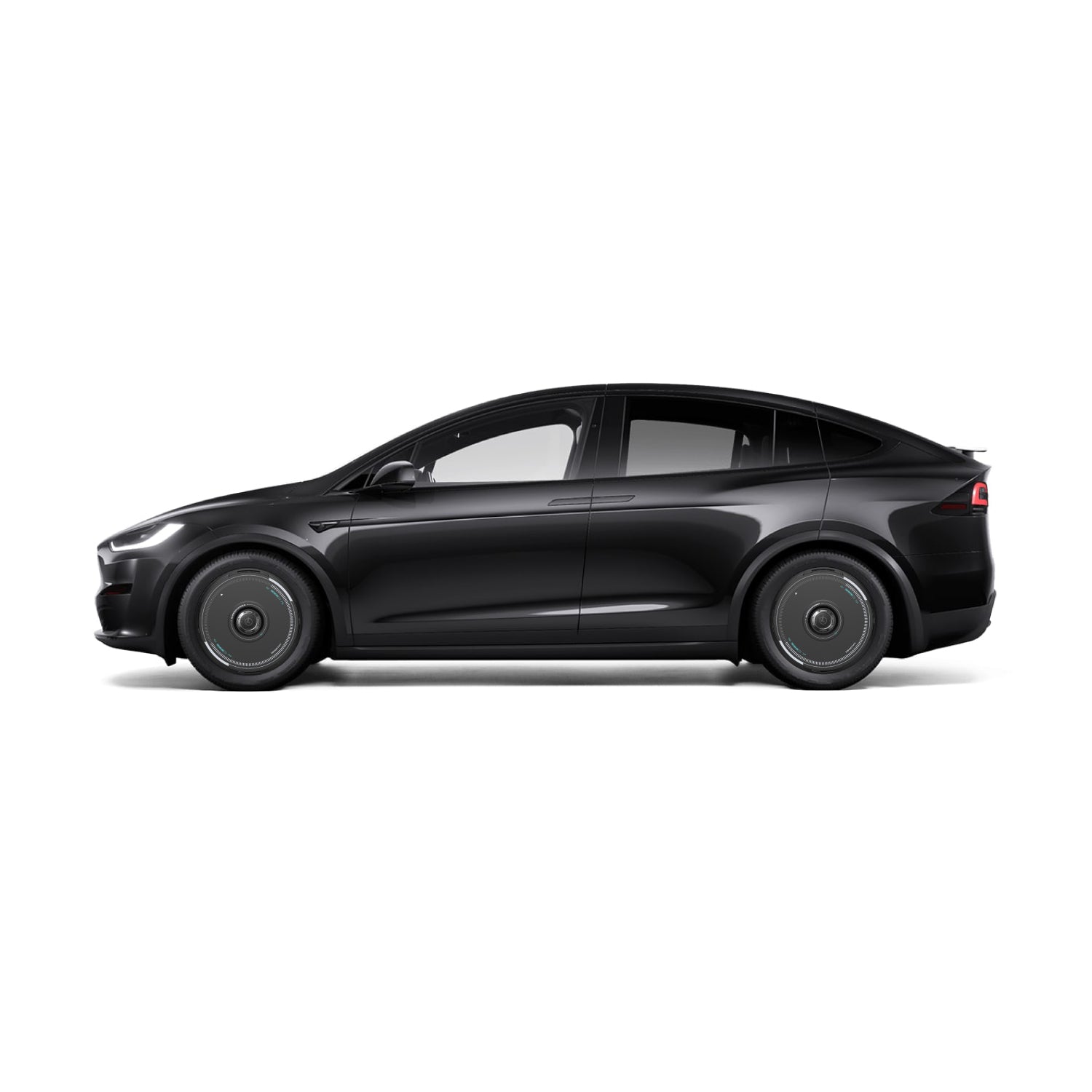 Side view of a Tesla with HALODISC 2 Wheel Covers by HALOBLK Store, featuring sleek black wheels and an aerodynamic design with tinted windows, displayed on a white background.