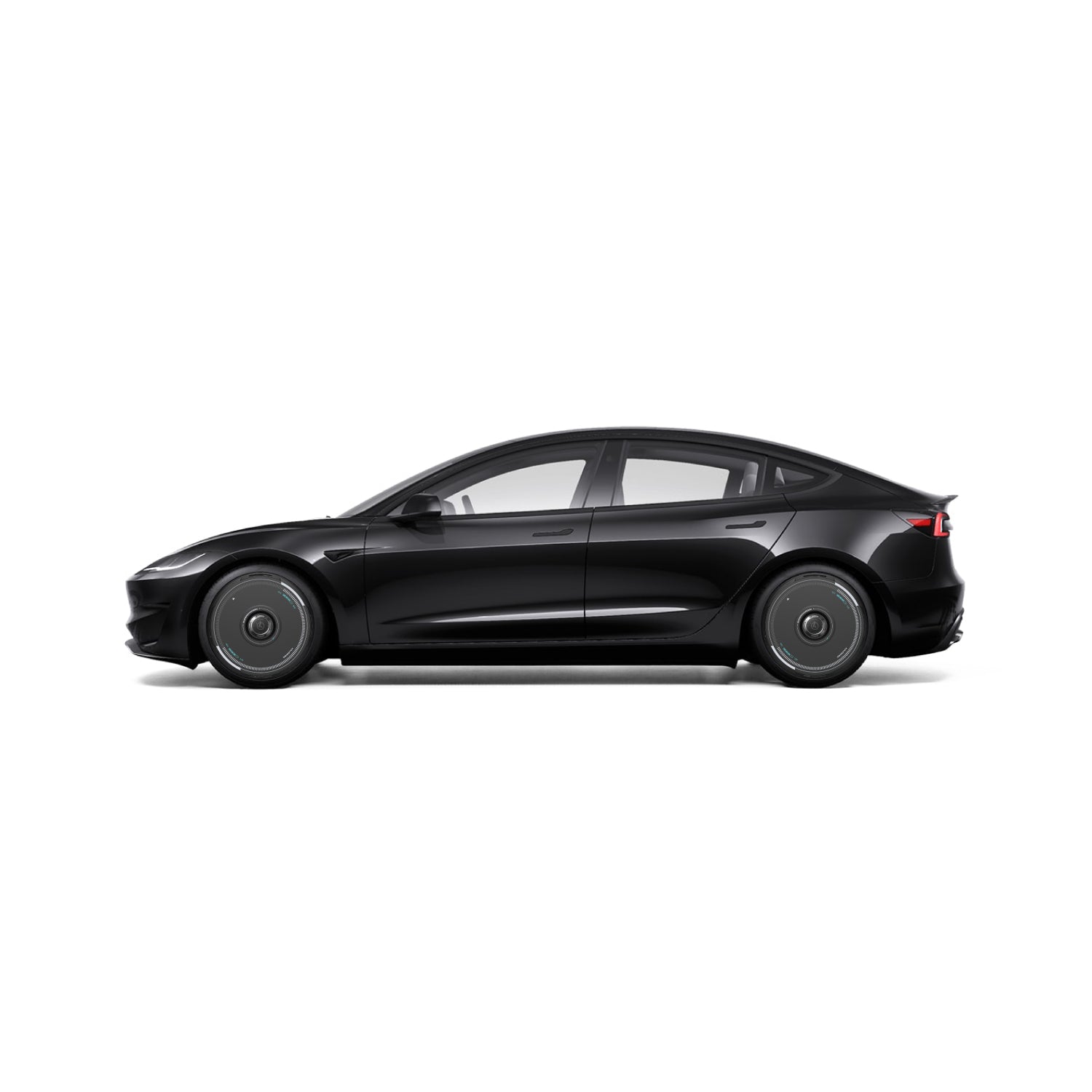 HALOBLK Store's HALODISC 2 Wheel Covers for Tesla | Supercharger shown on a sleek black electric sedan, highlighting smooth lines, tinted windows, and aerodynamic wheels against a plain white background.