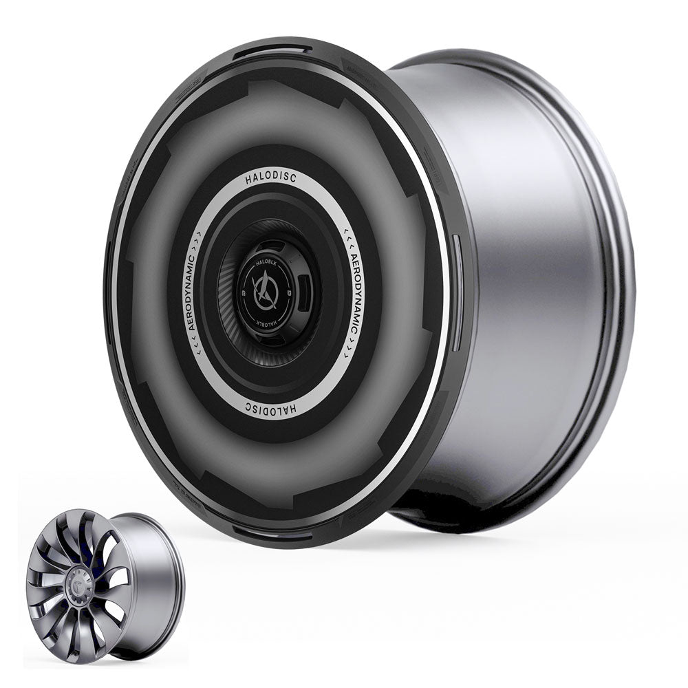 A close-up of the HALODISC 2 Wheel Covers for Tesla Model Y 21" Überturbine Wheels by HALOBLK Store shows a sleek black center labeled HALODISC and aerodynamic details, displayed on a white background.