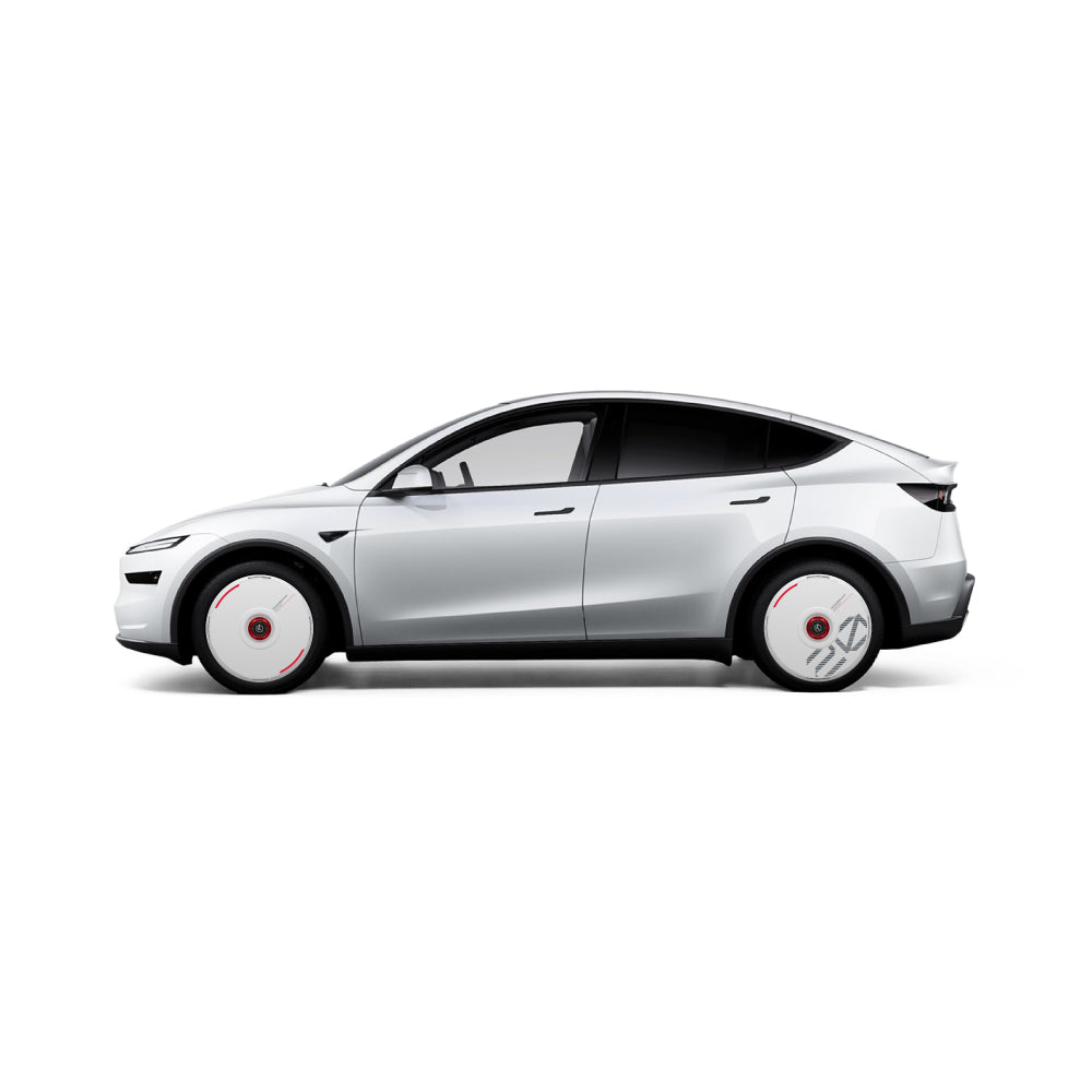 A silver Tesla Model Y with HALODISC 2 Wheel Covers for Tesla (Custom Numbers-White) by HALOBLK Store, featuring unique white wheel covers with red center accents, shown from the side against a plain white background.