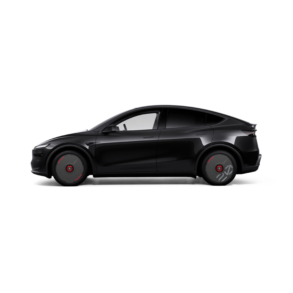 A black Tesla SUV with HALODISC 2 Wheel Covers by HALOBLK Store, tinted windows, red brake calipers, and a smooth roofline is shown in profile on a white background with aerodynamic black custom-numbered wheels.