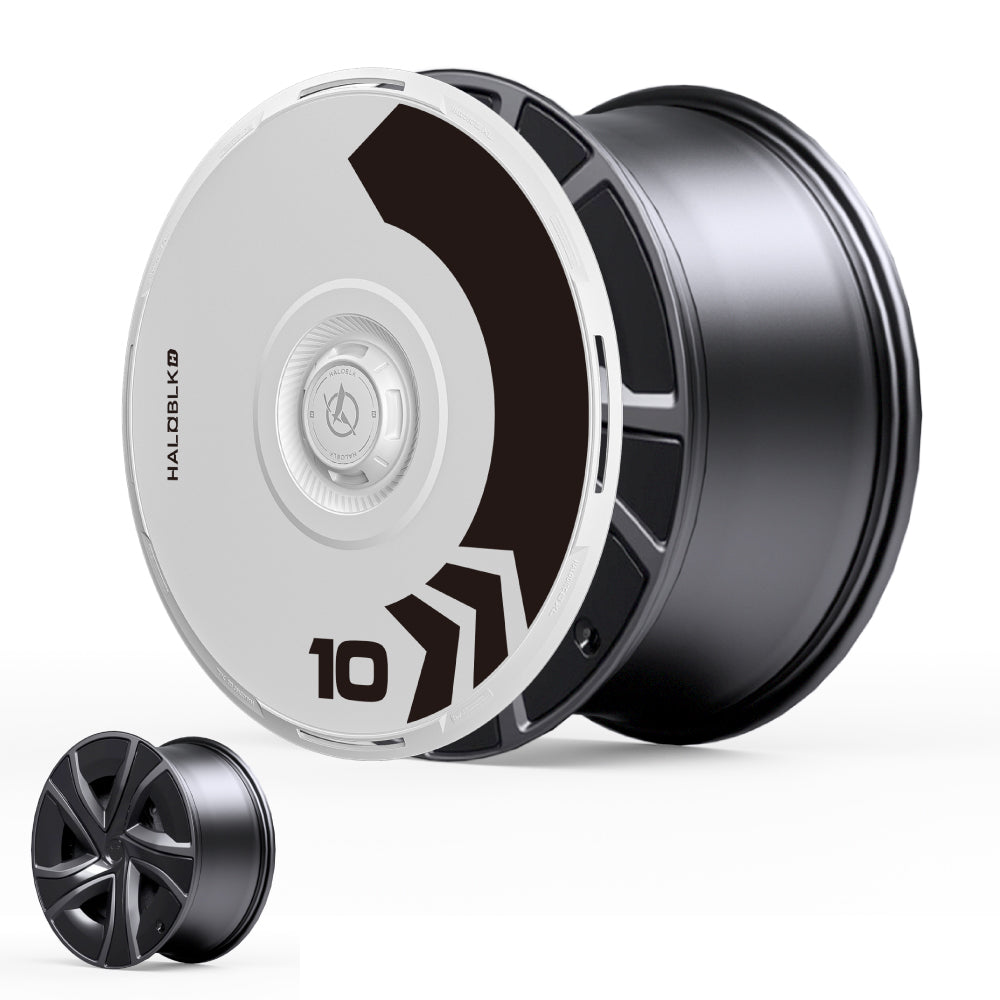 The HALODISC 2 Wheel Cover by HALOBLK Store for Tesla Model X 2021-2025 20" Perihelix Wheels features a modern black and silver Arrow design, with a smaller plain black wheel displayed in the bottom left for comparison.