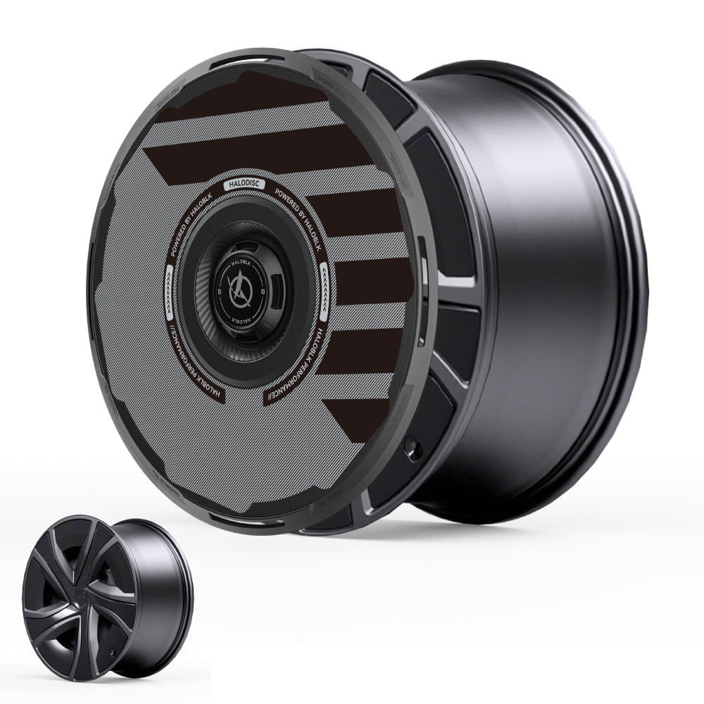 The HALODISC 2 Wheel Covers by HALOBLK Store are sleek black covers for Tesla Model X 2021-2025 20" Perihelix wheels, featuring a modern geometric design with metallic accents. A simpler five-spoke version appears in the lower left on white.