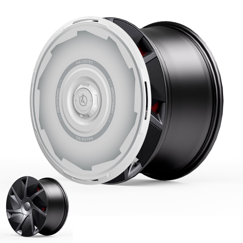 The HALODISC 2 Wheel Covers for Tesla Model S 21" Velarium Wheels by HALOBLK Store feature a matte black finish, a futuristic semi-transparent white hubcap, and reveal a five-spoke design in both large and small sizes.